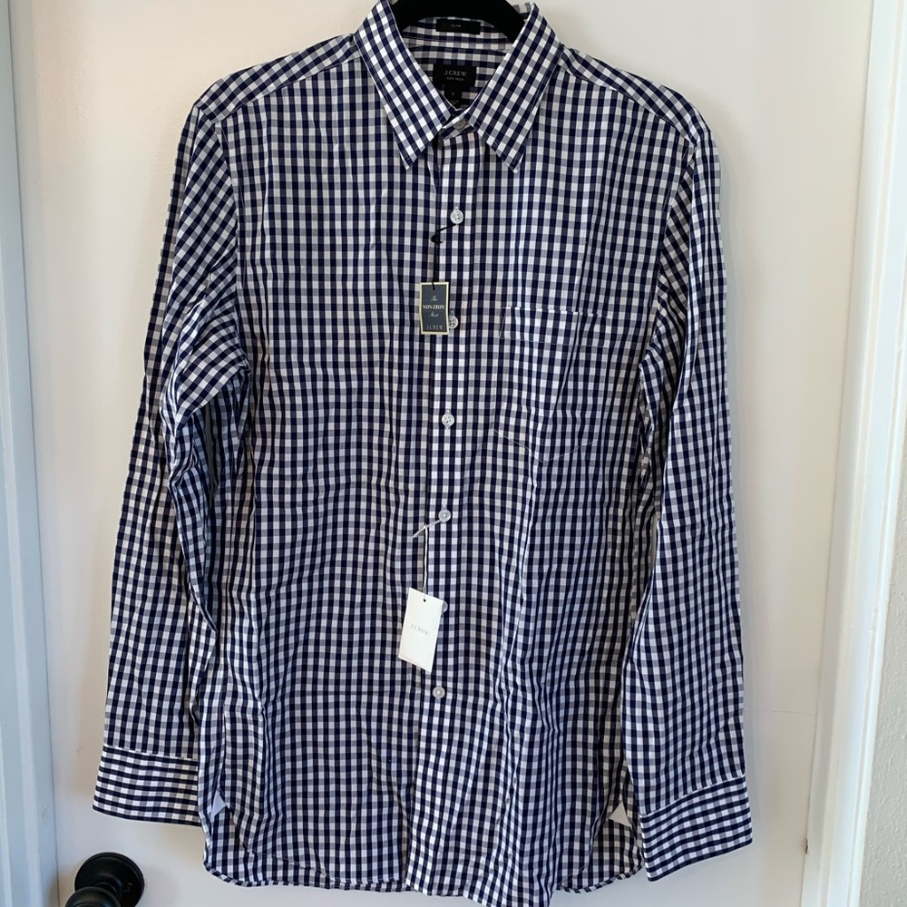 JCREW NON-IRON SLIM FIT NAVY GINGHAM BUTTON DOWN